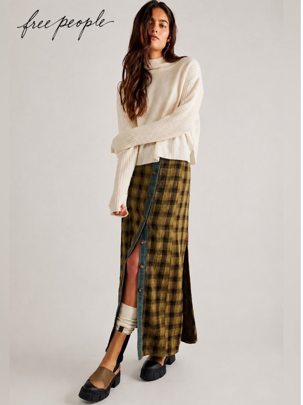 Free People mixed Media Skirt with Olive Plaid Button-Front Maxi M